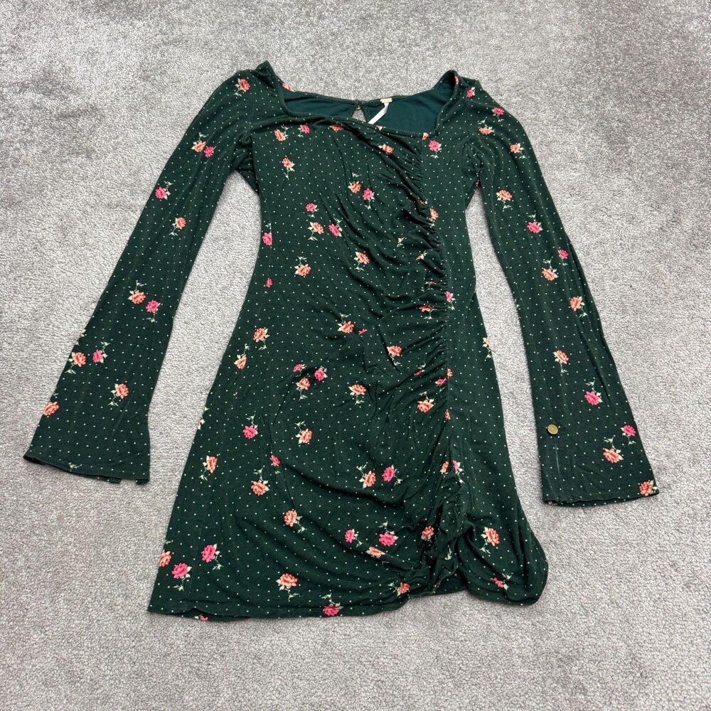 Free People Floral Polka Dot Ruched Long Sleeve Mini Dress Womens Small Green